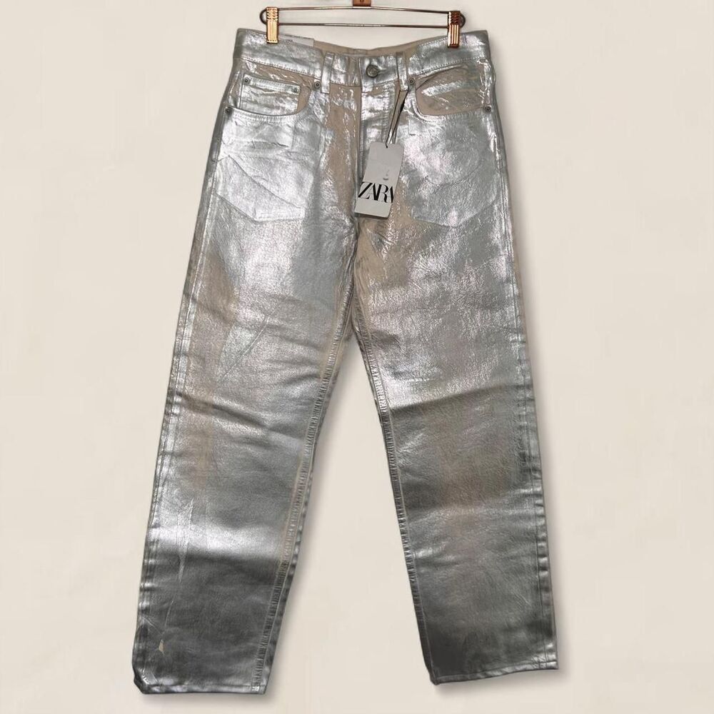 Zara Silver Relaxed Fit Straight Leg Mid Rise Boyfriend Jeans | Size 6 - Picture 2 of 8
